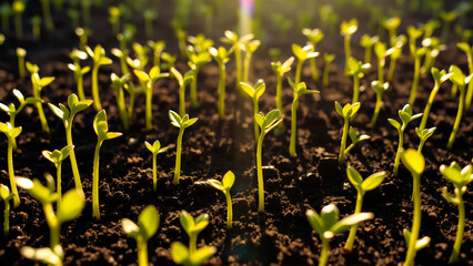 Close-up of new crop sowing. Sprouts are breaking through the soil in the rays of the sun