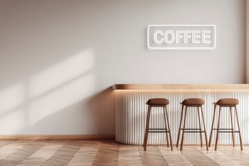 Minimalist coffee shop interior with a light beige color scheme, featuring a wooden bar and barstools, and a neon sign