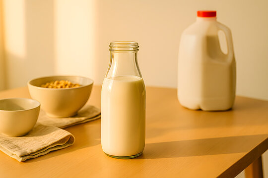 Glass bottle of milk on a wooden breakfast table next to a plastic milk jug, with cereal bowls and warm morning light. A calm breakfast scene highlighting the contrast between reusable packaging.
