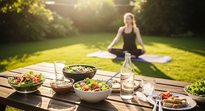 Healthy Outdoor Meal And Yoga Session healthy food - Powered by Adobe