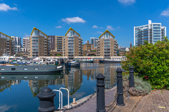 View of the marina at the Limehouse Basin, Tower Hamlets, London, England
