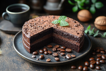 Chocolate cake adorned with coffee beans and mint leaves.