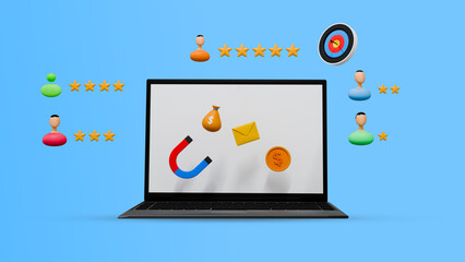 3D Business Illustration with Laptop, Customer Ratings, and Marketing Icons on Blue Background – Digital Strategy and Online Engagement Concept