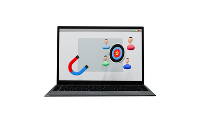 3D Illustration of Digital Marketing Strategy on Laptop with Lead Magnet and Target Audience Icons—Customer Acquisition Concept on White Background