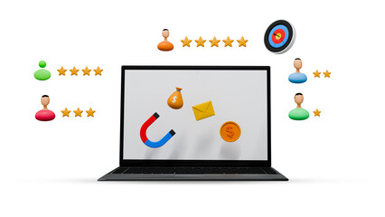 3D Illustration of Laptop with Customer Ratings, Marketing Icons, and Target – Online Business and Client Engagement Concept