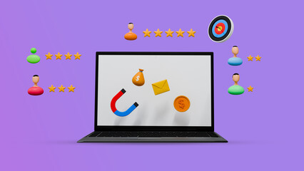 3D Marketing Illustration with Laptop, Ratings, and Customer Avatars on Purple Background – Digital Business and Engagement Strategy Concept