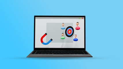 3D Illustration of Lead Generation and Target Marketing on Laptop Screen—Customer Attraction Concept with Magnet and Target on Blue Background