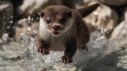 Young otter running through water.