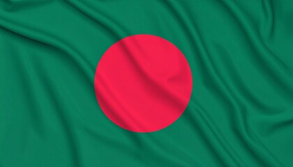 Bangladeshi national flag with red circle on a green field, symbolizing bloodshed and lush land, shown in gentle daylight
