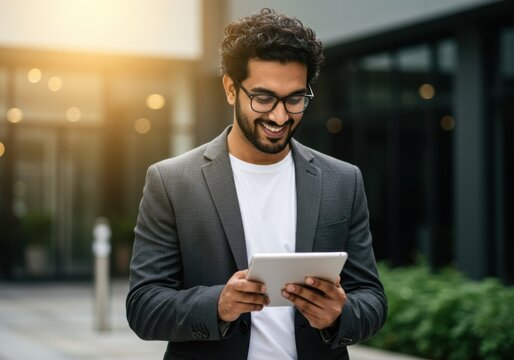 Smiling young professional man wearing glasses and a blazer engages with a tablet device in an urban setting