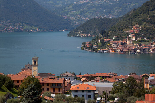 View of Monte Isola from near Sulzano, Lake Iseo, Lombardy, Italian Lakes, Italy