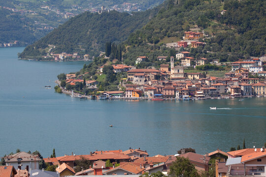 View of Monte Isola from near Sulzano, Lake Iseo, Lombardy, Italian Lakes, Italy