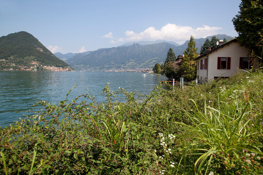 Lakeside near Sulzano, Lake Iseo, Lombardy, Italian Lakes, Italy