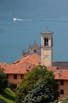 Church belltower, Sulzano, Lake Iseo, Lombardy, Italian Lakes, Italy