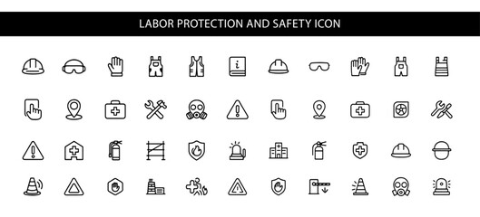 set of Labor protection and safety Outline Vector Icon Collection.  outline icons related to Insurance, Fire exit, Notification, Safety signs, Overalls and more. Editable stroke. Vector illustration