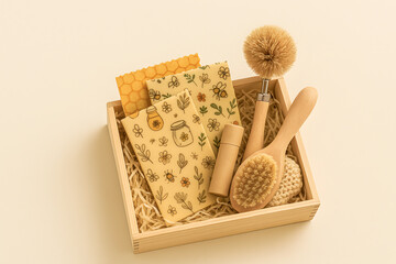 Eco-friendly gift box with reusable beeswax wraps, wooden brushes, natural packaging. Sustainable self-care and kitchen items promoting zero-waste living, plastic-free habits, conscious consumerism
