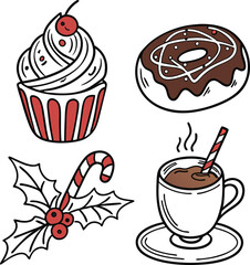 A delightful set of coffee and sweets featuring delicious cupcakes, chocolate, and fruit pastries perfect for any celebration or snack