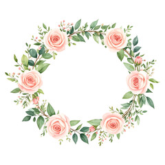 Watercolor floral wreath featuring pink roses green leaves and berries on a black background