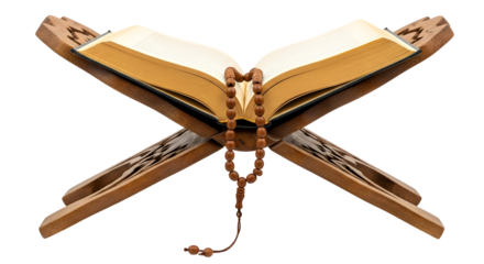 Sacred Quran rests open on ornate wooden stand with prayer beads, inviting contemplation and spiritual reflection for devout Muslims globally.