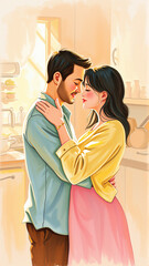 Married couple hugging in the morning in the kitchen. Man and woman in love hugging in the rays of the morning sun