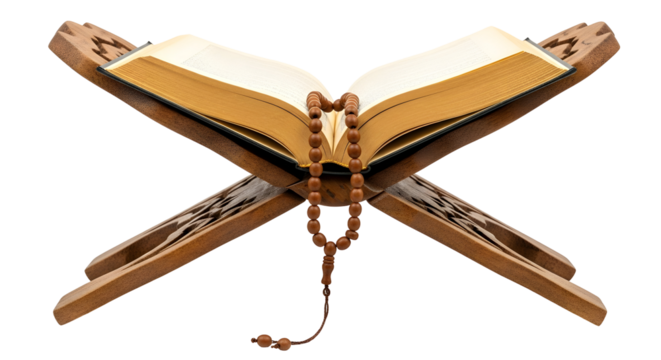 Sacred Quran rests open on ornate wooden stand with prayer beads, inviting contemplation and spiritual reflection for devout Muslims globally.