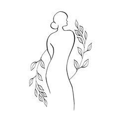 Vector Elegant female with leaves. Hand painted linear contour branch. Graphic clipart isolated. Botanical, tattoo and wedding illustration. For designers, invitations, decoration, postcards, wrapping