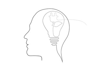 One Line Drawing of Human Head with Light Bulb – Minimal Idea Concept Icon for Logo and Web