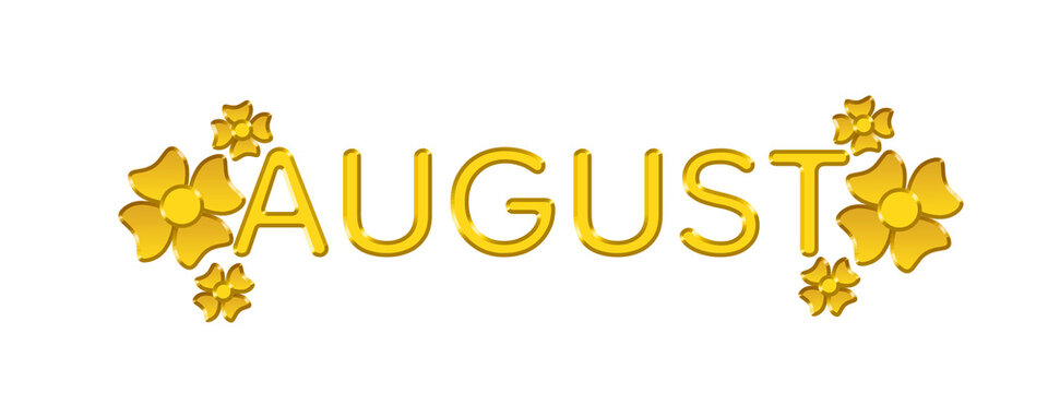 Gold August month letters  Greeting with Decorative Flowers on transparent background