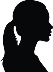 Silhouette of woman in side profile with ponytail hairstyle, minimal black shape, female head figure, isolated elegant outline, beauty concept, vector design.
