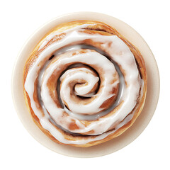 Fototapeta premium A freshly baked cinnamon roll topped with a generous swirl of white icing, presented on a simple plate.