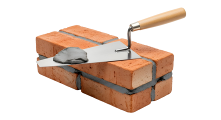 Craftsman's trowel with mortar rests on stacked bricks, symbolizing construction, DIY, and building projects with professional precision.