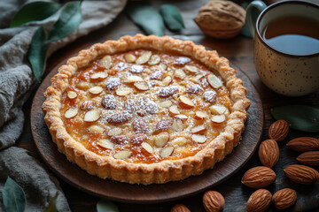 Almond pie on wooden plate, surrounded by almonds.