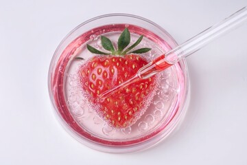 Strawberry in petri dish with pipette injecting red fluid possibly genetic research or food science