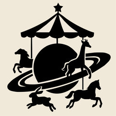 Black silhouette vector illustration set of funny wild and pet animals on a merry-go-round carousel with horses