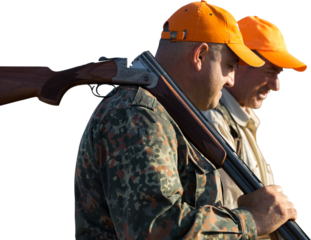 Hunters with a german drathaar and spaniel, pigeon hunting with dogs in reflective vests