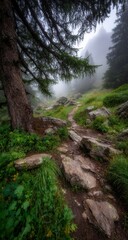 Misty mountain path through lush greenery