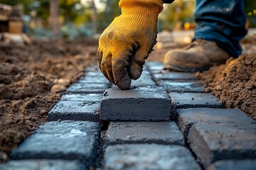 Close-up of a skilled laborer's gloved hand carefully placing a paving brick during outdoor construction, highlighting precision in craftsmanship