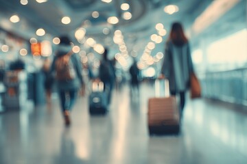 Travelers with luggage walk through a bustling airport terminal, capturing the essence of modern travel. The image conveys the movement and energy of a busy transit hub.