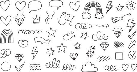 Collection of hand drawn doodle icons and symbols isolated on transparent background
