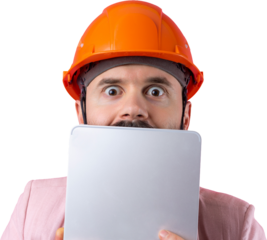 Portrait of young construction engineer wear orange hard hat, in a pink jacket standing on red studio background. A man with a tablet in his hands.