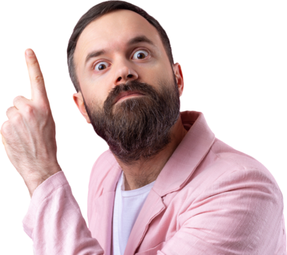 Handsome man with a beard in a pink jacket is thinking over an isolated red background.