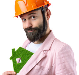 Portrait of young construction engineer wear orange hard hat, in a pink jacket standing on red...