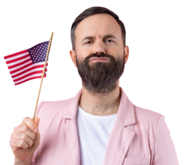 Portrait of a satisfied young man with a beard with an American flag on a red studio background. Great US patriot and defender of freedom.