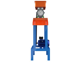 Industrial Electric Meat Grinder Sausage Maker Food Mincer 3D Render. Professional, high-resolution commercial meat processing machine with blue frame and orange trays on transparent PNG background.