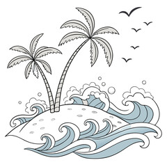 Tropical island with palm trees and crashing waves, birds flying in sky