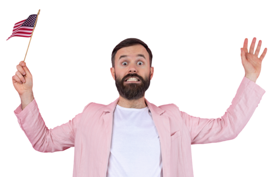 Portrait of a satisfied young man with a beard with an American flag on a red studio background. Great US patriot and defender of freedom.