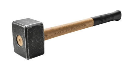 Heavy hammer with wooden handle on white background