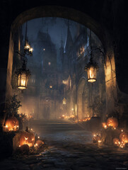 Old castle, pumpkins, lanterns and candles
