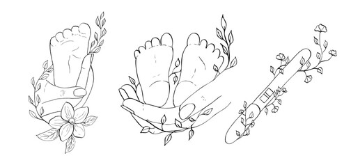 Vector illustration set. Parent holding in the hands feet of newborn baby. Positive pregnancy test wrapped around blooming branch. Hand painted linear contour delicate twig with leaves, flower