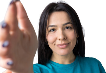 Portrait of attractive young woman wants to hug you, isolated on grey background.